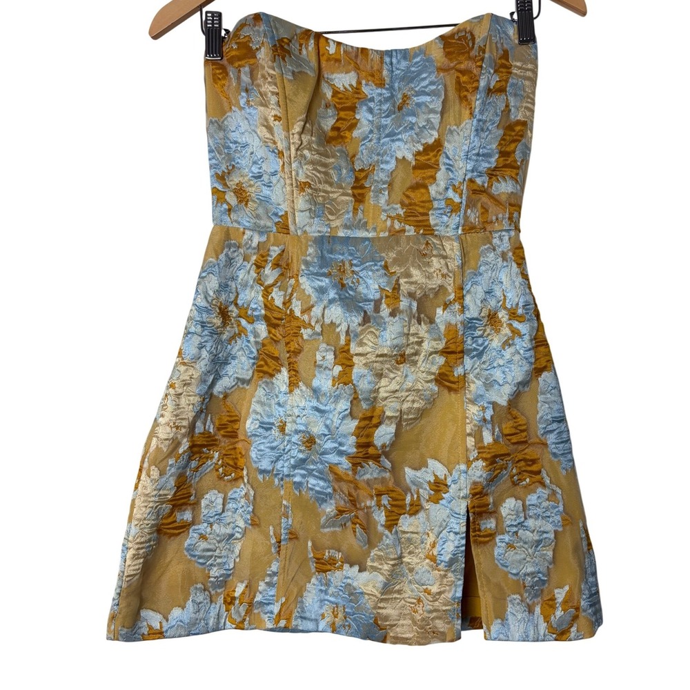 Showpo Gold Blue Floral Jacquard Strapless Mini Dress Size 6 AU 10 Wedding Guest